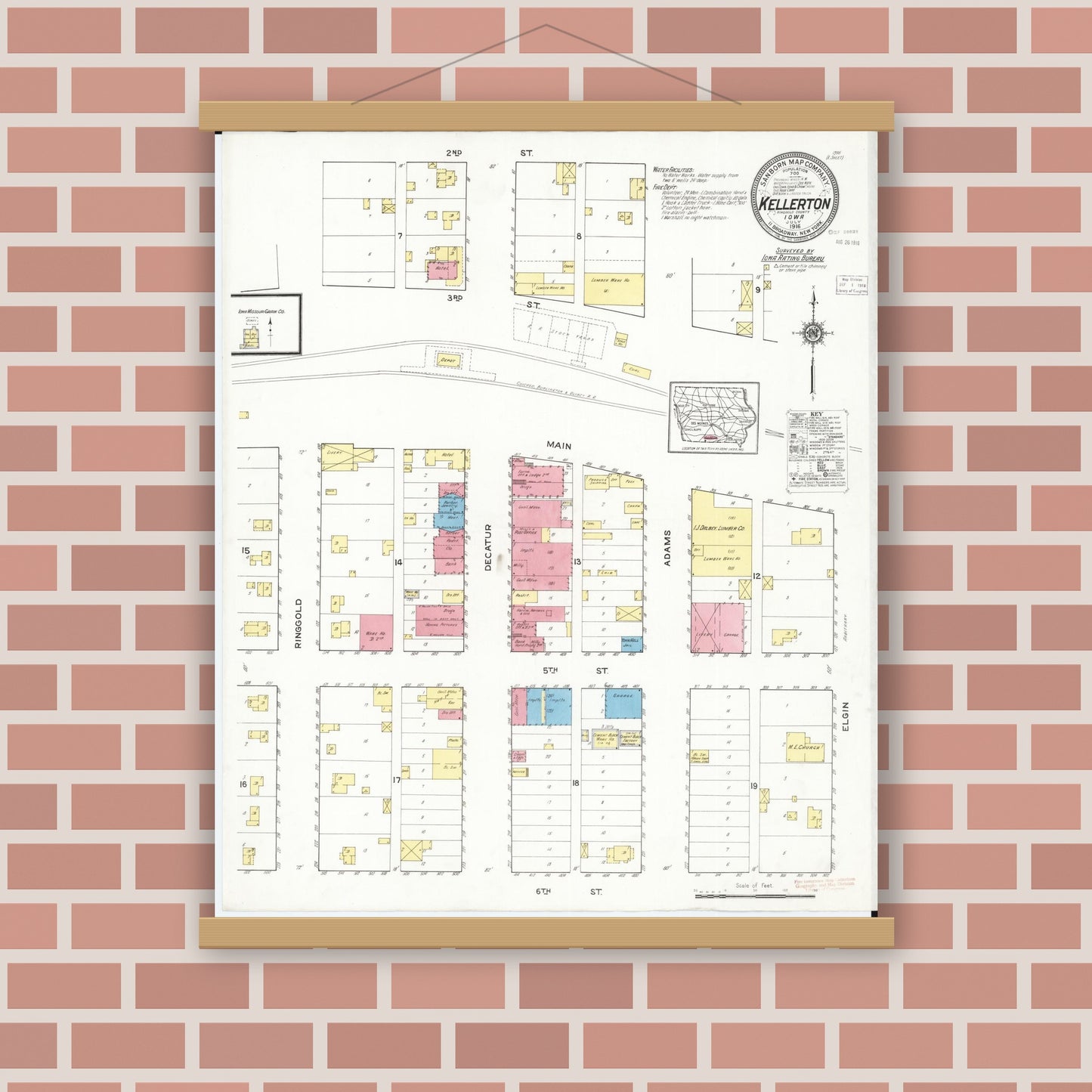 Old map wall art mockup — magnetic wood frame on brick wall — Sanborn Fire Insurance Map from Kellerton, Ringgold County, Iowa (1916), Sheet #0001