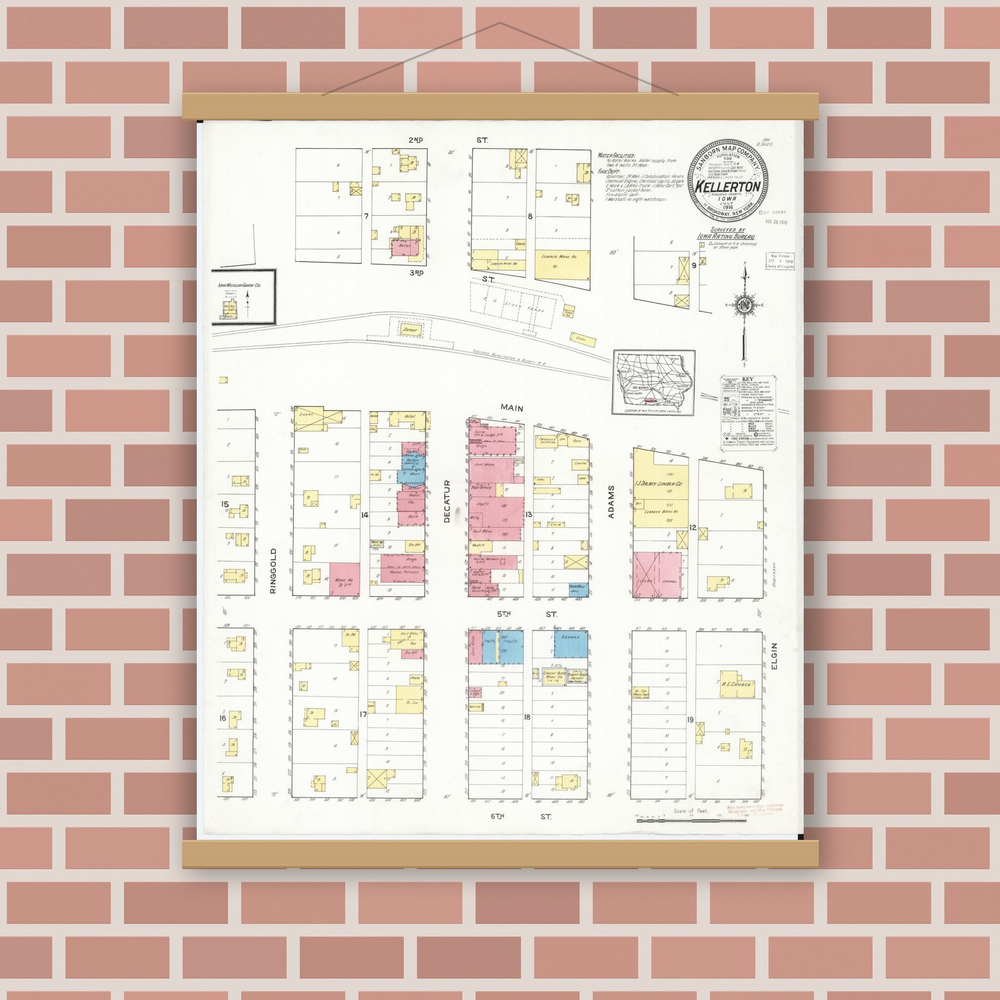 Old map wall art mockup — magnetic wood frame on brick wall — Sanborn Fire Insurance Map from Kellerton, Ringgold County, Iowa (1916), Sheet #0001
