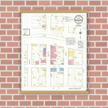 Old map wall art mockup — magnetic wood frame on brick wall — Sanborn Fire Insurance Map from Kellerton, Ringgold County, Iowa (1916), Sheet #0001