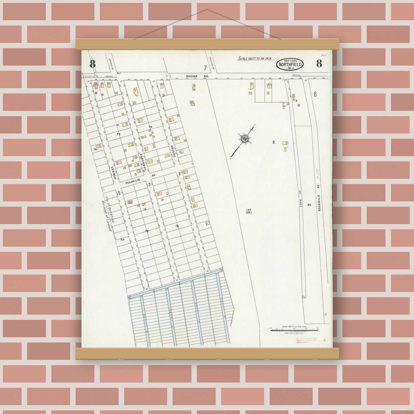 Old map wall art mockup — magnetic wood frame on brick wall — Sanborn Fire Insurance Map from Northfield, Atlantic County, New Jersey (1924), Sheet #0008