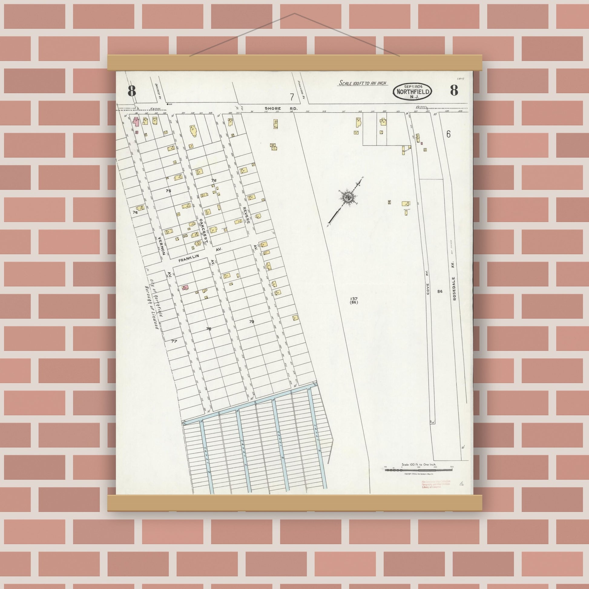 Old map wall art mockup — magnetic wood frame on brick wall — Sanborn Fire Insurance Map from Northfield, Atlantic County, New Jersey (1924), Sheet #0008