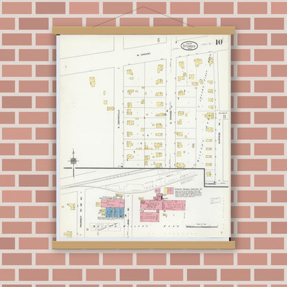 Old map wall art mockup — magnetic wood frame on brick wall — Sanborn Fire Insurance Map from Sturgis, Saint Joseph County, Michigan (1911), Sheet #0010