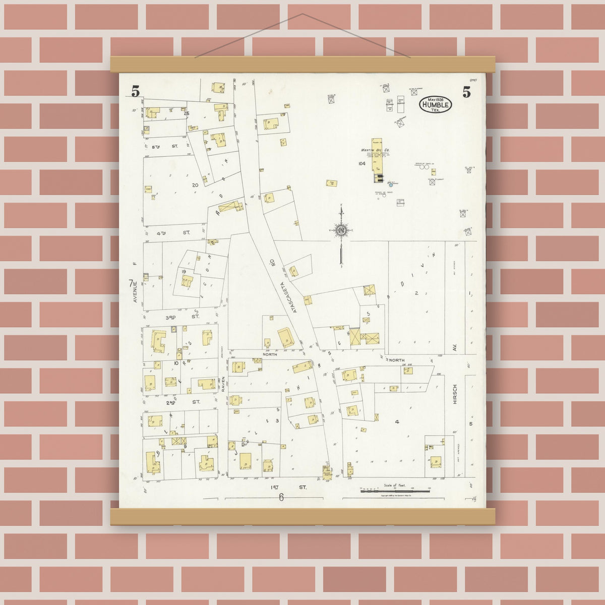 Old map wall art mockup — magnetic wood frame on brick wall — Sanborn Fire Insurance Map from Humble, Harris County, Texas (1926), Sheet #0005
