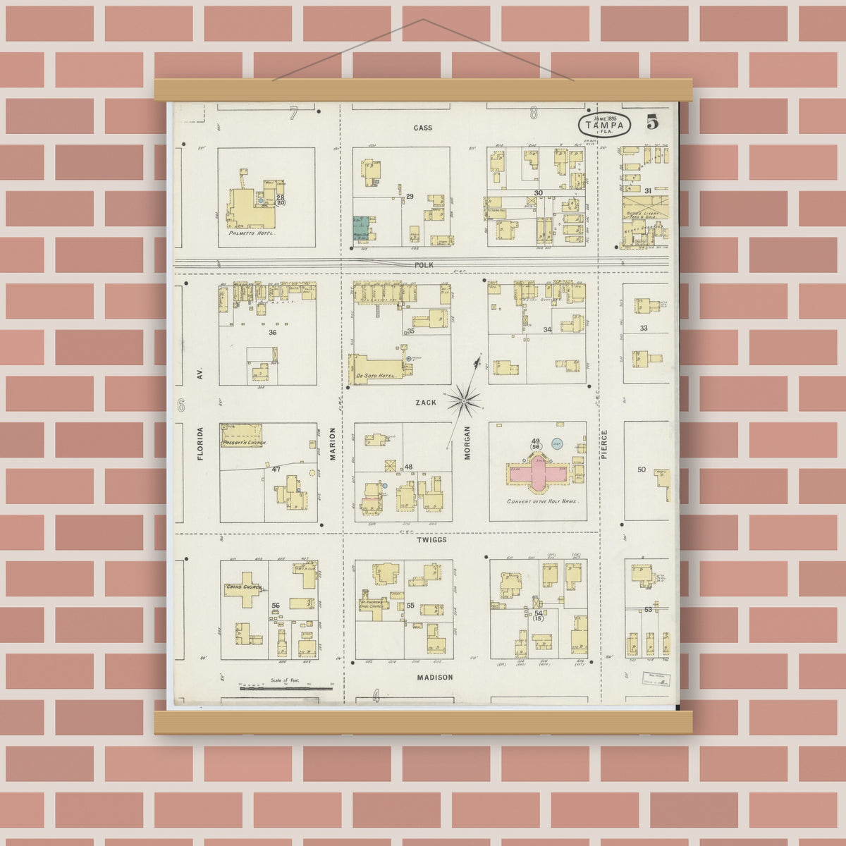 Old map wall art mockup — magnetic wood frame on brick wall — Sanborn Fire Insurance Map from Tampa, Hillsborough County, Florida (1895), Sheet #0009