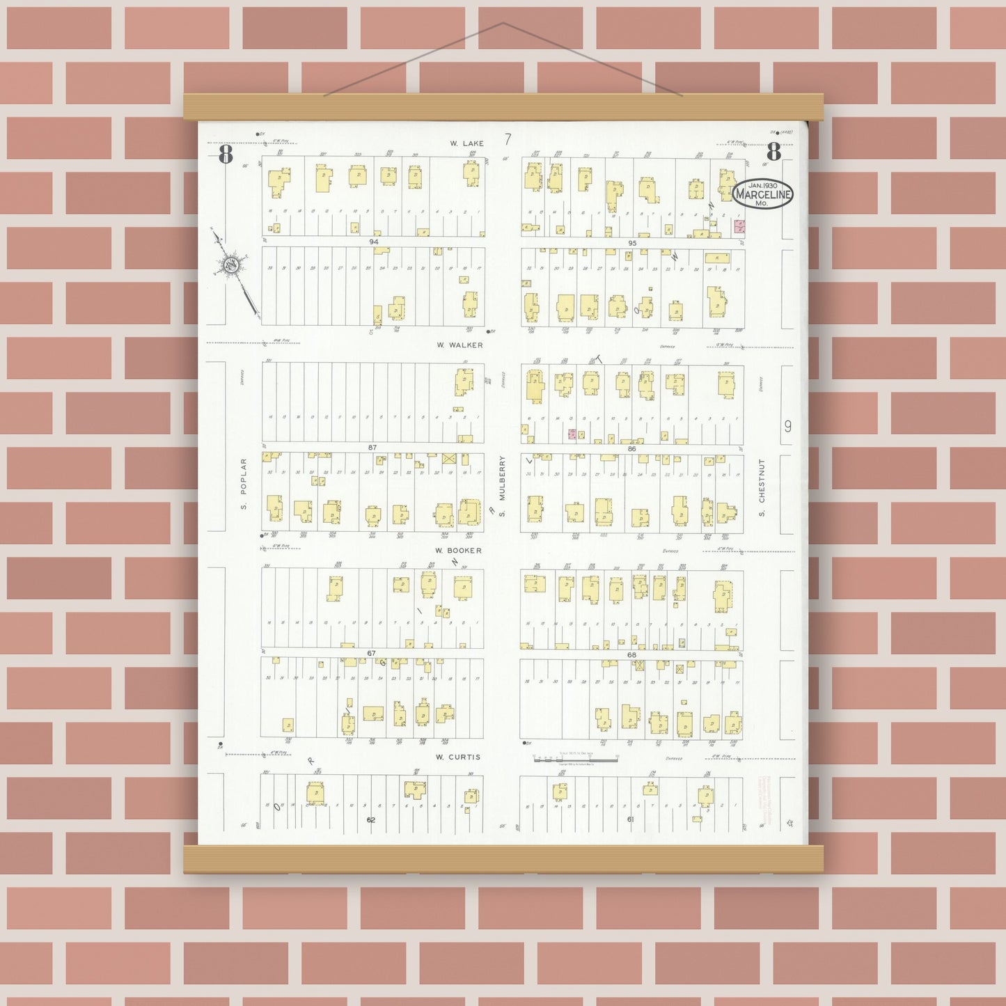 Old map wall art mockup — magnetic wood frame on brick wall — Sanborn Fire Insurance Map from Marceline, Linn County, Missouri (1930), Sheet #0008