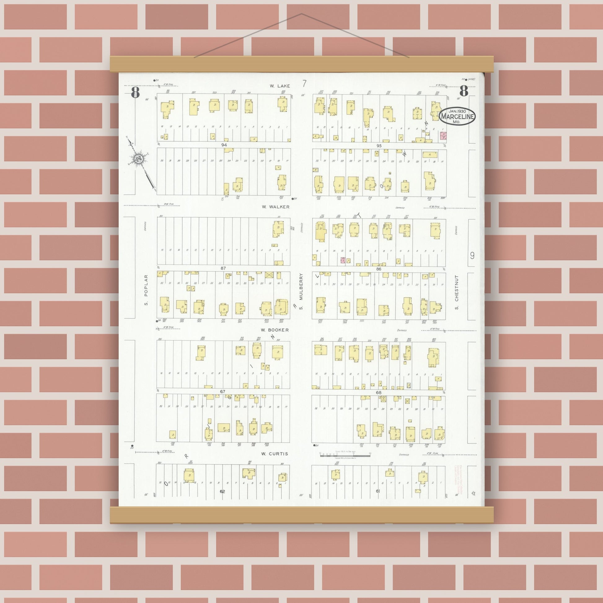 Old map wall art mockup — magnetic wood frame on brick wall — Sanborn Fire Insurance Map from Marceline, Linn County, Missouri (1930), Sheet #0008