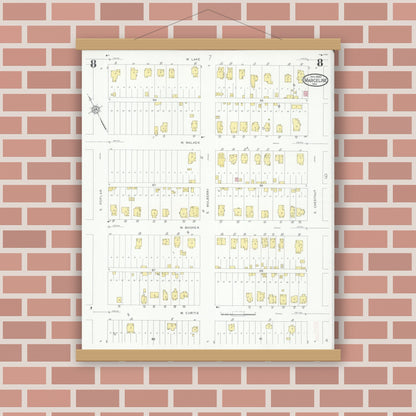 Old map wall art mockup — magnetic wood frame on brick wall — Sanborn Fire Insurance Map from Marceline, Linn County, Missouri (1930), Sheet #0008