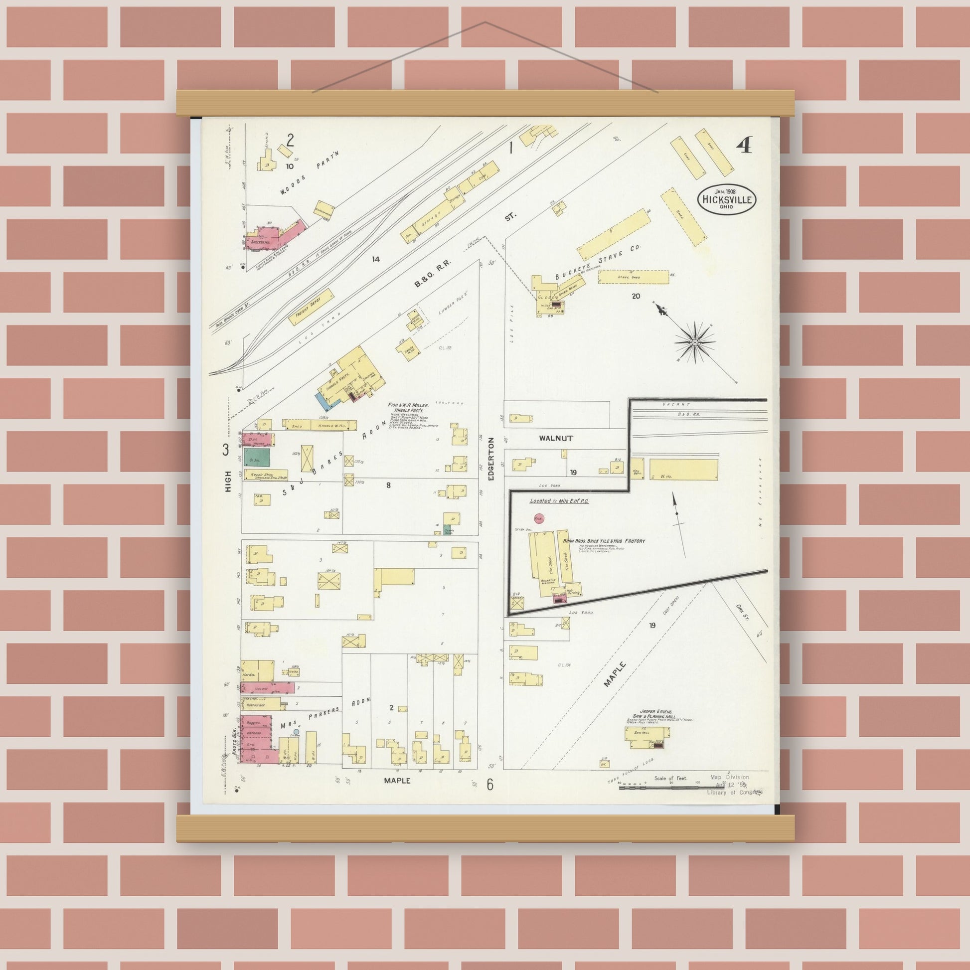 Old map wall art mockup — magnetic wood frame on brick wall — Sanborn Fire Insurance Map from Hicksville, Defiance County, Ohio (1908), Sheet #0004