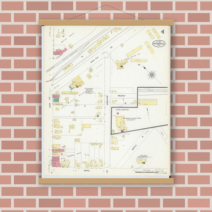 Old map wall art mockup — magnetic wood frame on brick wall — Sanborn Fire Insurance Map from Hicksville, Defiance County, Ohio (1908), Sheet #0004