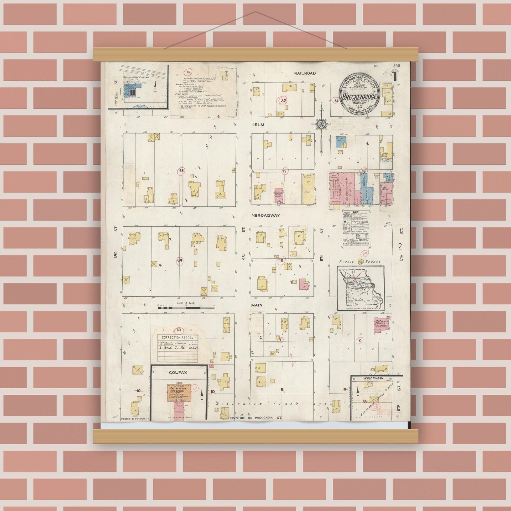 Old map wall art mockup — magnetic wood frame on brick wall — Sanborn Fire Insurance Map from Breckenridge, Caldwell County, Missouri (1935) - Complete Map Set