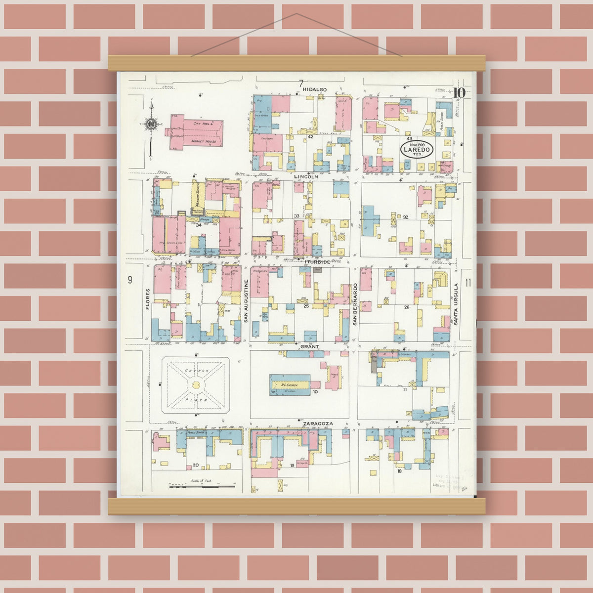 Old map wall art mockup — magnetic wood frame on brick wall — Sanborn Fire Insurance Map from Laredo, Webb County, Texas (1909), Sheet #0010