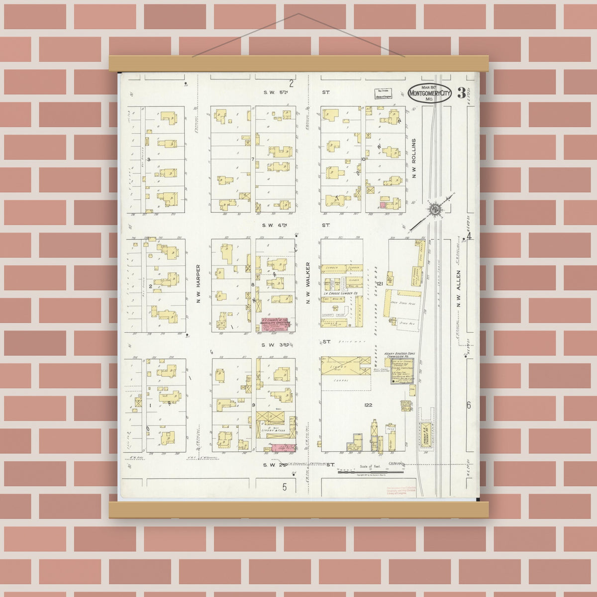 Old map wall art mockup — magnetic wood frame on brick wall — Sanborn Fire Insurance Map from Montgomery City, Montgomery County, Missouri (1917), Sheet #0003