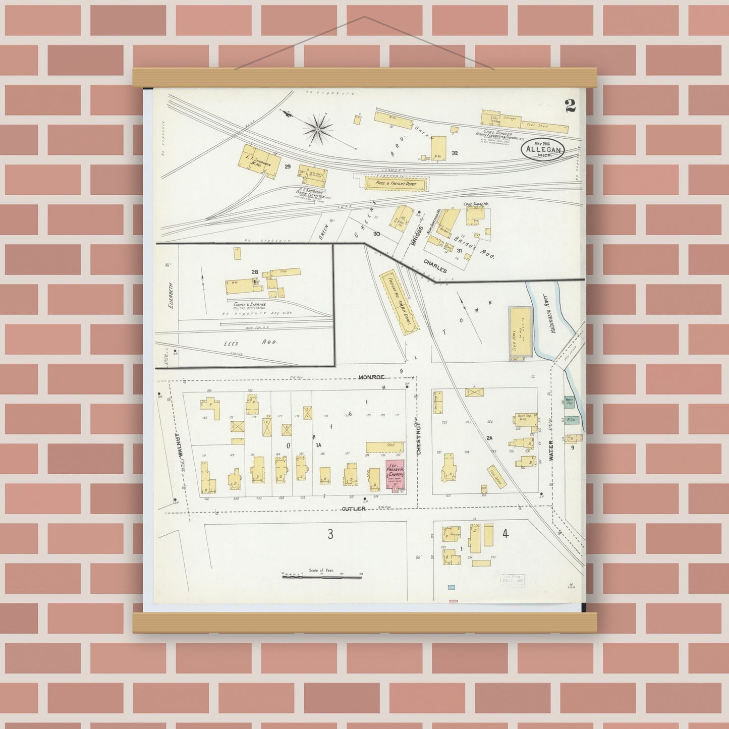 Old map wall art mockup — magnetic wood frame on brick wall — Sanborn Fire Insurance Map from Allegan, Allegan County, Michigan (1906), Sheet #0002