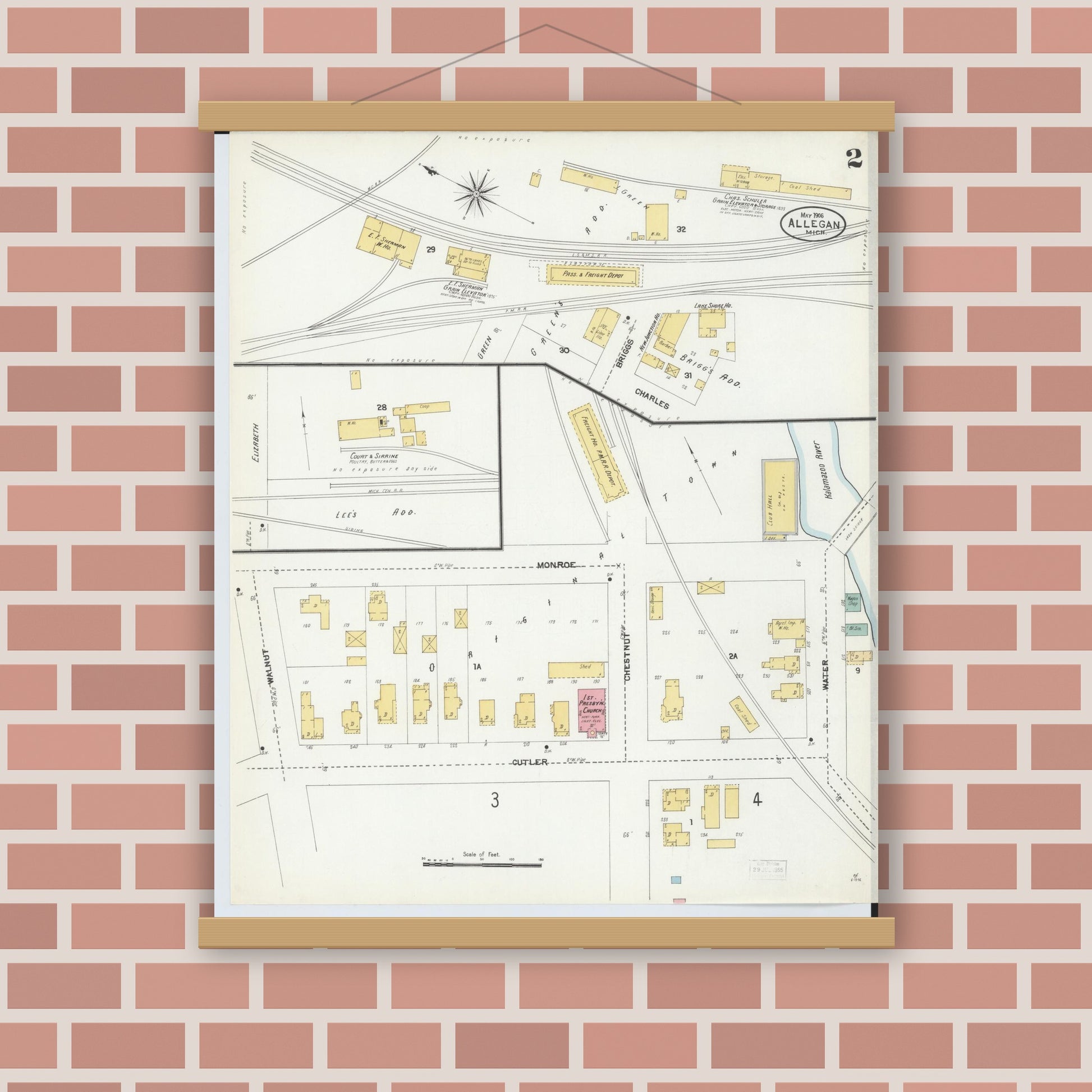 Old map wall art mockup — magnetic wood frame on brick wall — Sanborn Fire Insurance Map from Allegan, Allegan County, Michigan (1906), Sheet #0002