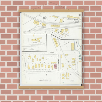 Old map wall art mockup — magnetic wood frame on brick wall — Sanborn Fire Insurance Map from Allegan, Allegan County, Michigan (1906), Sheet #0002