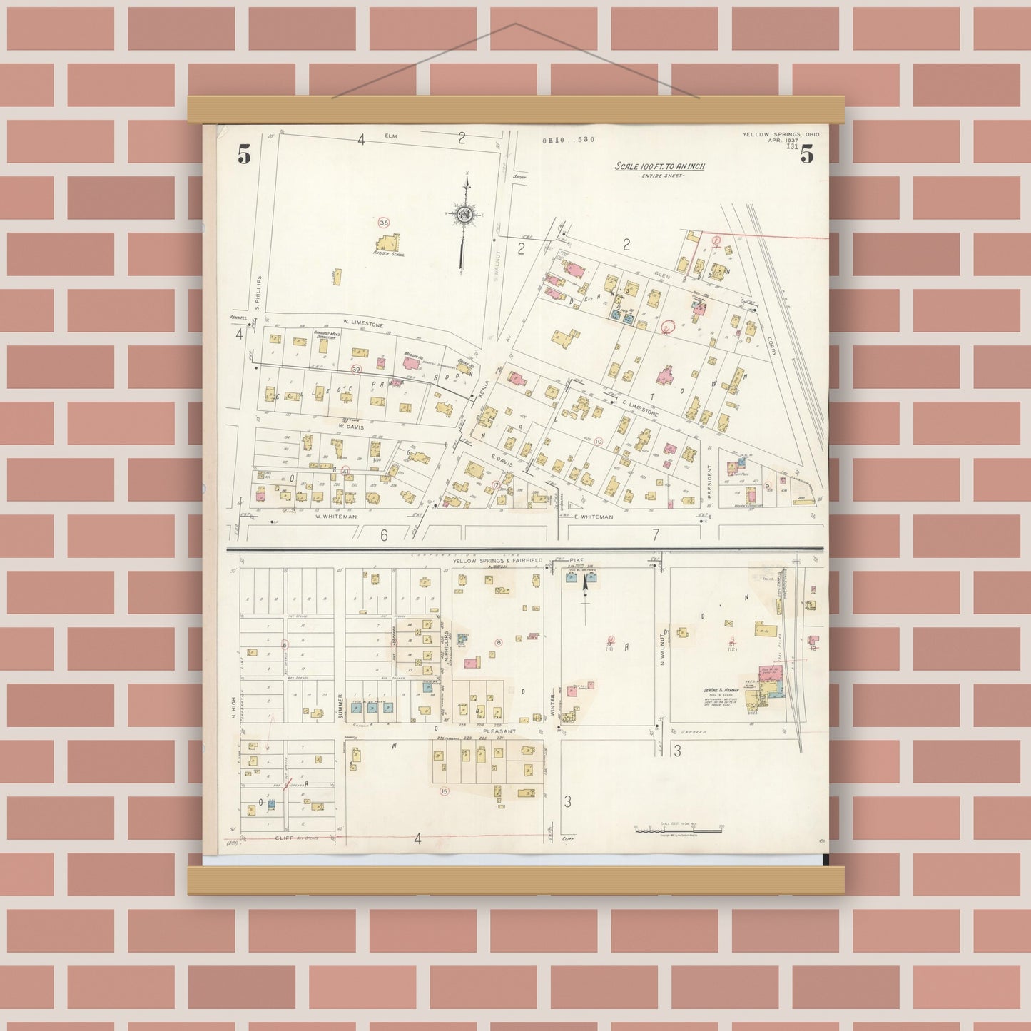 Old map wall art mockup — magnetic wood frame on brick wall — Sanborn Fire Insurance Map from Yellow Springs, Greene County, Ohio (1945), Sheet #0005