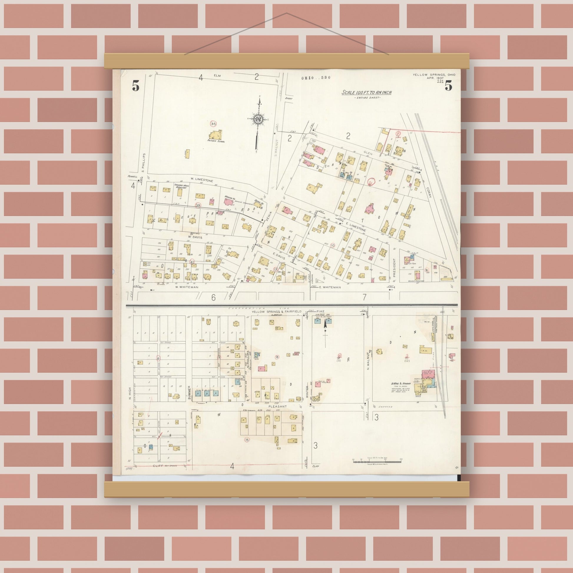Old map wall art mockup — magnetic wood frame on brick wall — Sanborn Fire Insurance Map from Yellow Springs, Greene County, Ohio (1945), Sheet #0005
