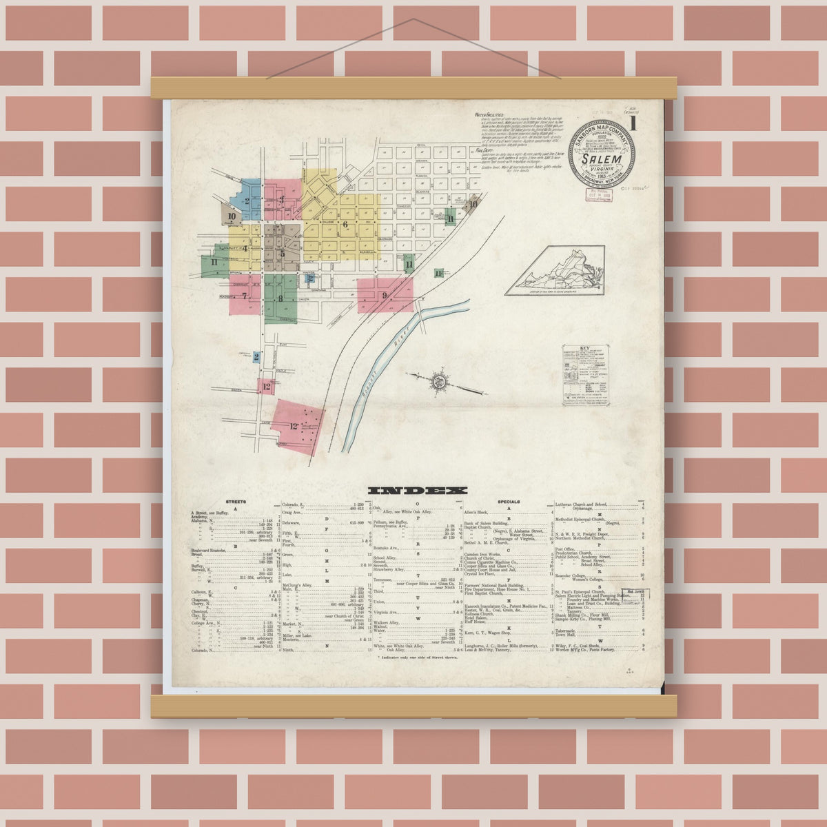 Old map wall art mockup — magnetic wood frame on brick wall — Sanborn Fire Insurance Map from Salem, Independent Cities, Virginia (1913) - Complete Map Set