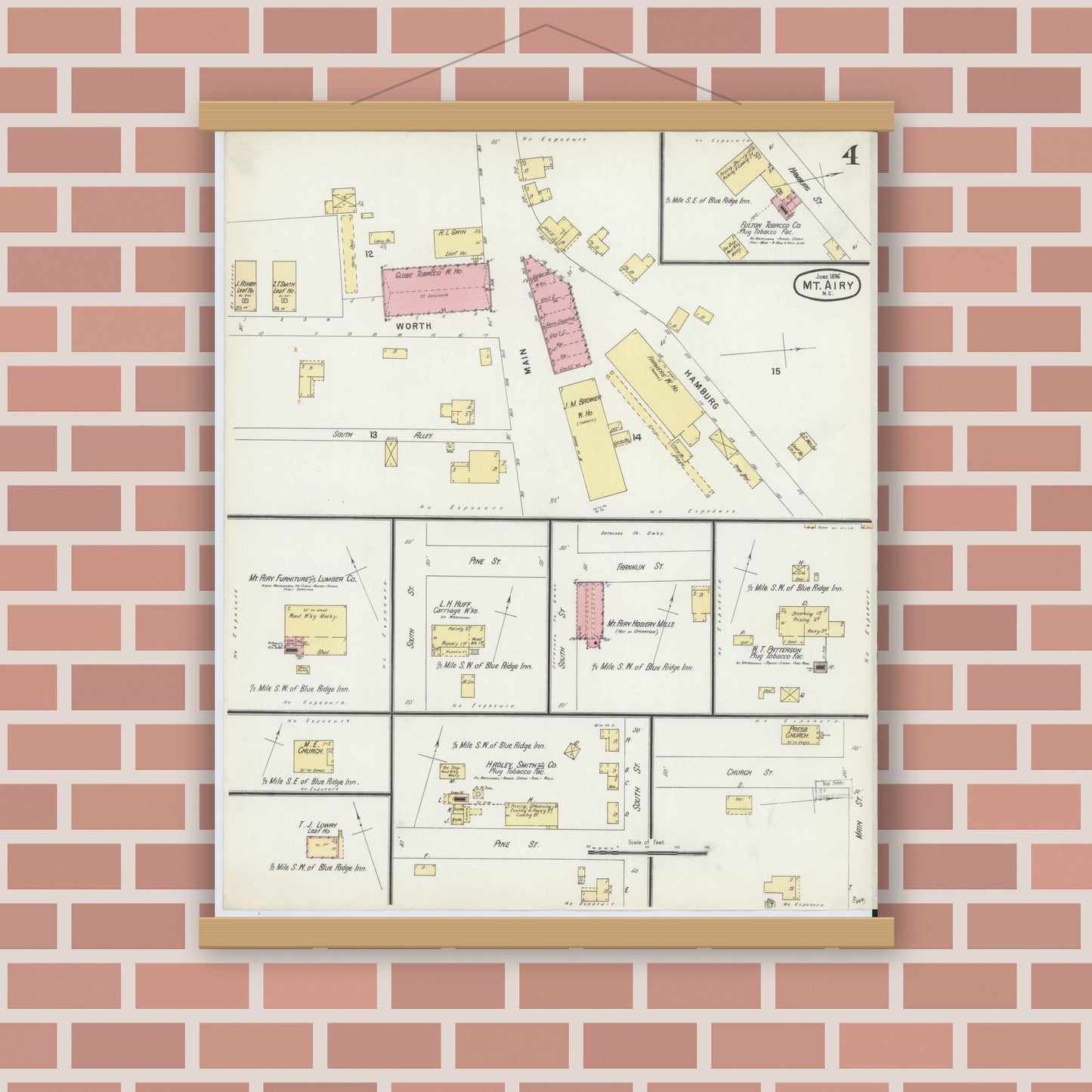 Old map wall art mockup — magnetic wood frame on brick wall — Sanborn Fire Insurance Map from Mount Airy, Surry County, North Carolina (1896), Sheet #0004