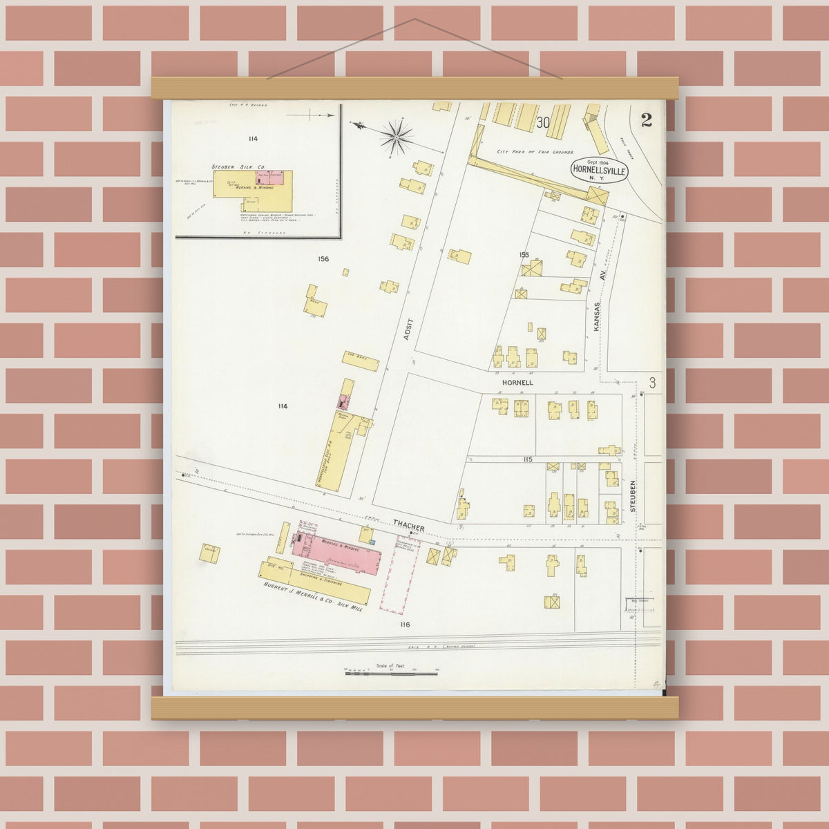 Old map wall art mockup — magnetic wood frame on brick wall — Sanborn Fire Insurance Map from Hornell, Steuben County, New York (1904) - Complete Map Set
