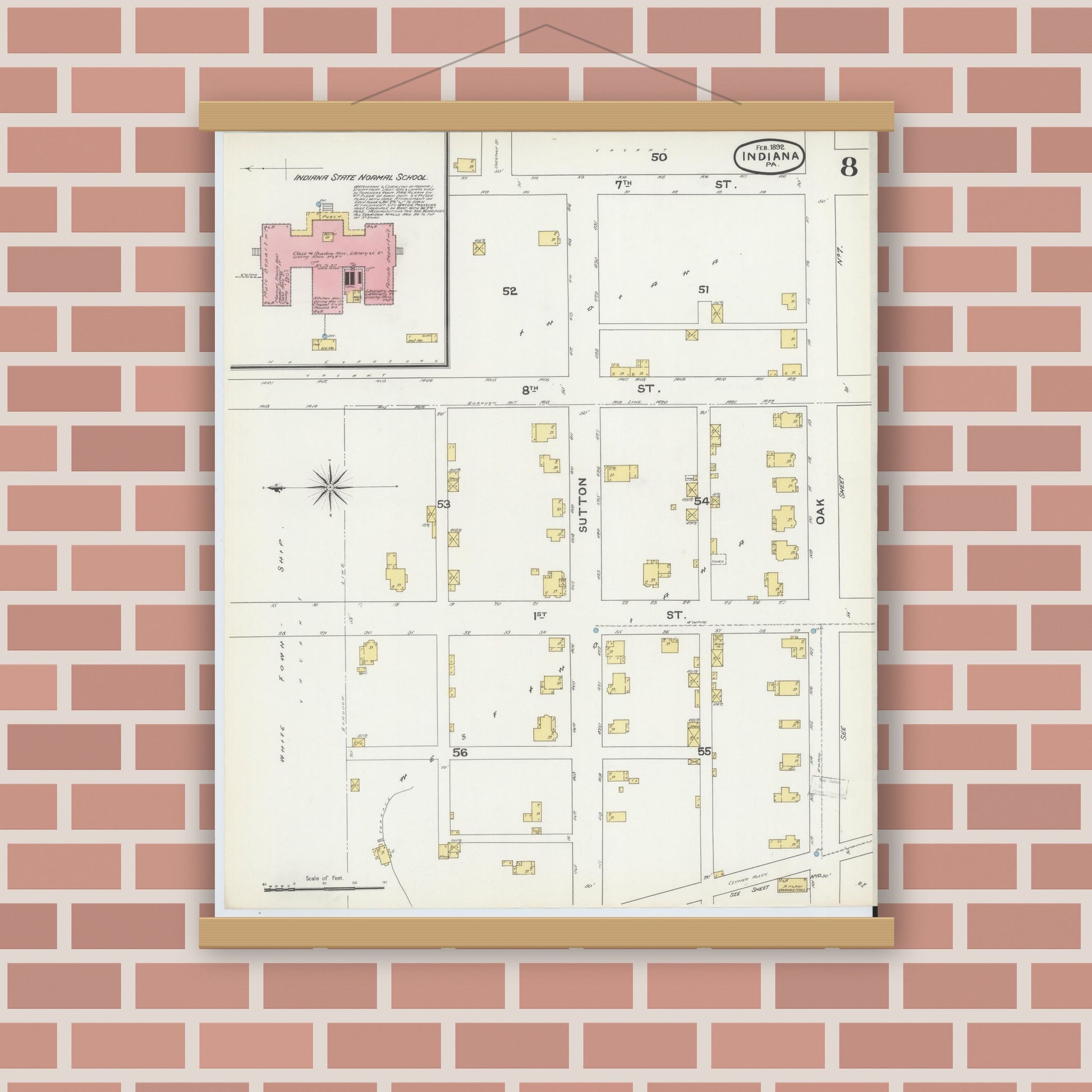 Old map wall art mockup — magnetic wood frame on brick wall — Sanborn Fire Insurance Map from Indiana, Indiana County, Pennsylvania (1892), Sheet #0008