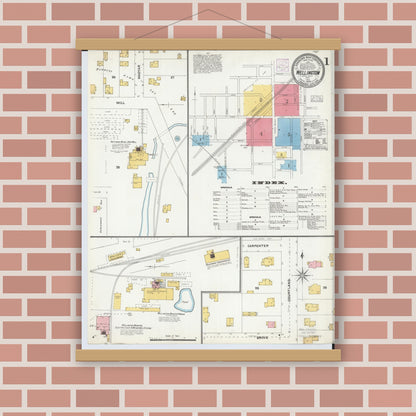 Old map wall art mockup — magnetic wood frame on brick wall — Sanborn Fire Insurance Map from Wellington, Lorain County, Ohio (1904), Sheet #0001