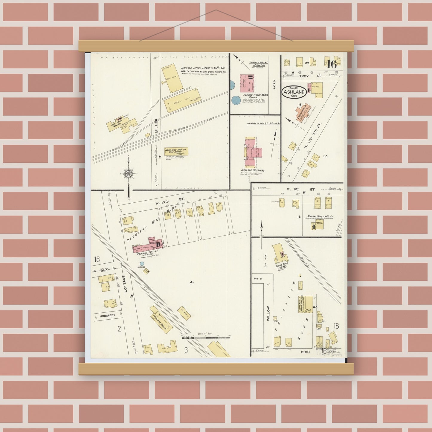 Old map wall art mockup — magnetic wood frame on brick wall — Sanborn Fire Insurance Map from Ashland, Ashland County, Ohio (1911), Sheet #0016