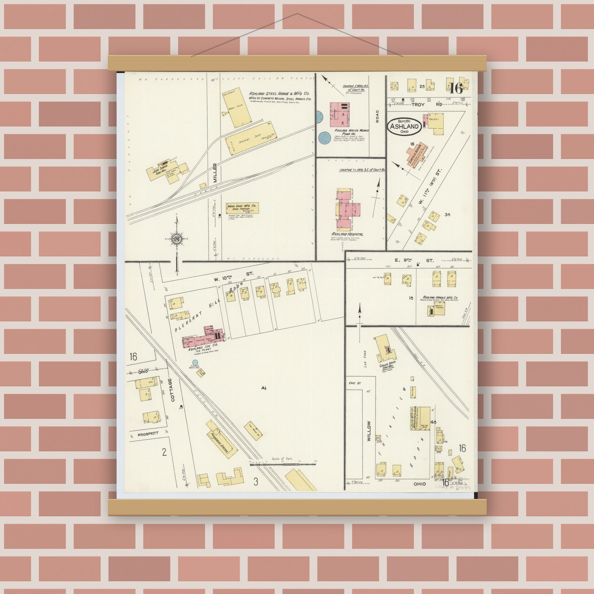 Old map wall art mockup — magnetic wood frame on brick wall — Sanborn Fire Insurance Map from Ashland, Ashland County, Ohio (1911), Sheet #0016