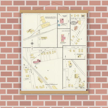 Old map wall art mockup — magnetic wood frame on brick wall — Sanborn Fire Insurance Map from Ashland, Ashland County, Ohio (1911), Sheet #0016