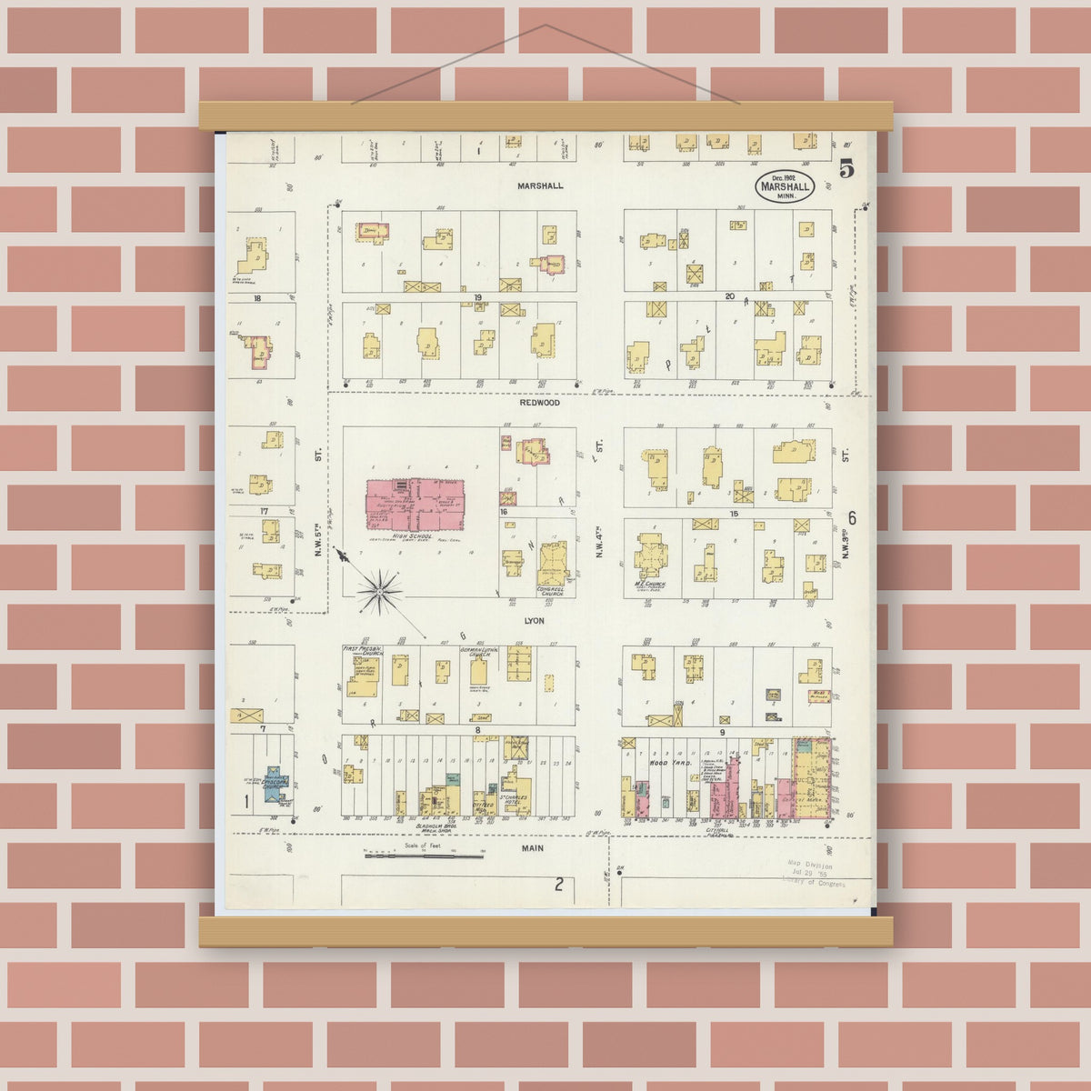 Old map wall art mockup — magnetic wood frame on brick wall — Sanborn Fire Insurance Map from Marshall, Lyon County, Minnesota (1902), Sheet #0005