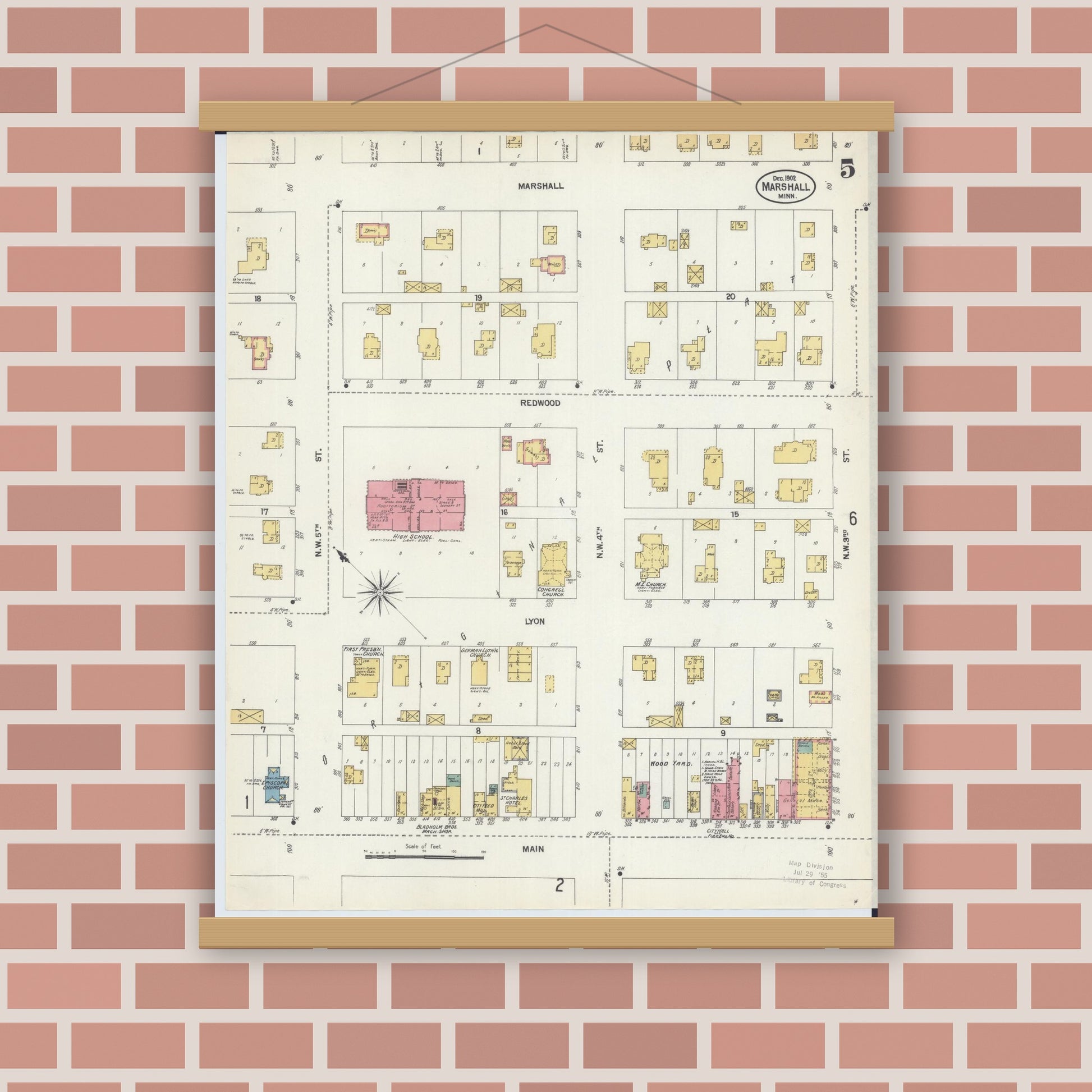 Old map wall art mockup — magnetic wood frame on brick wall — Sanborn Fire Insurance Map from Marshall, Lyon County, Minnesota (1902), Sheet #0005