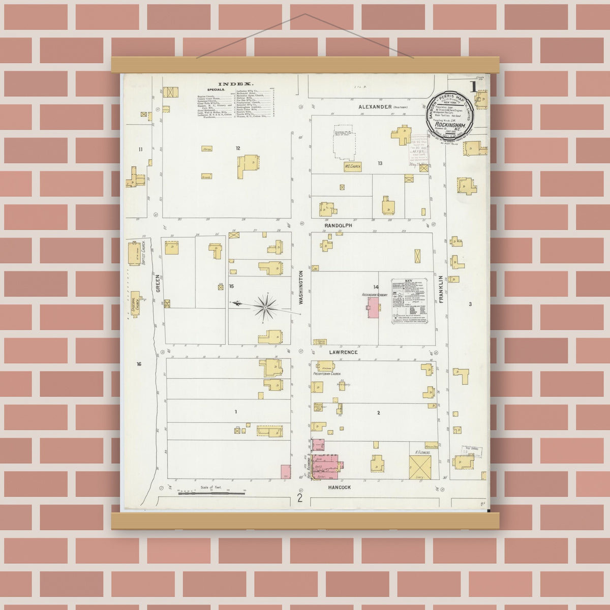 Old map wall art mockup — magnetic wood frame on brick wall — Sanborn Fire Insurance Map from Rockingham, Richmond County, North Carolina (1900), Sheet #0001