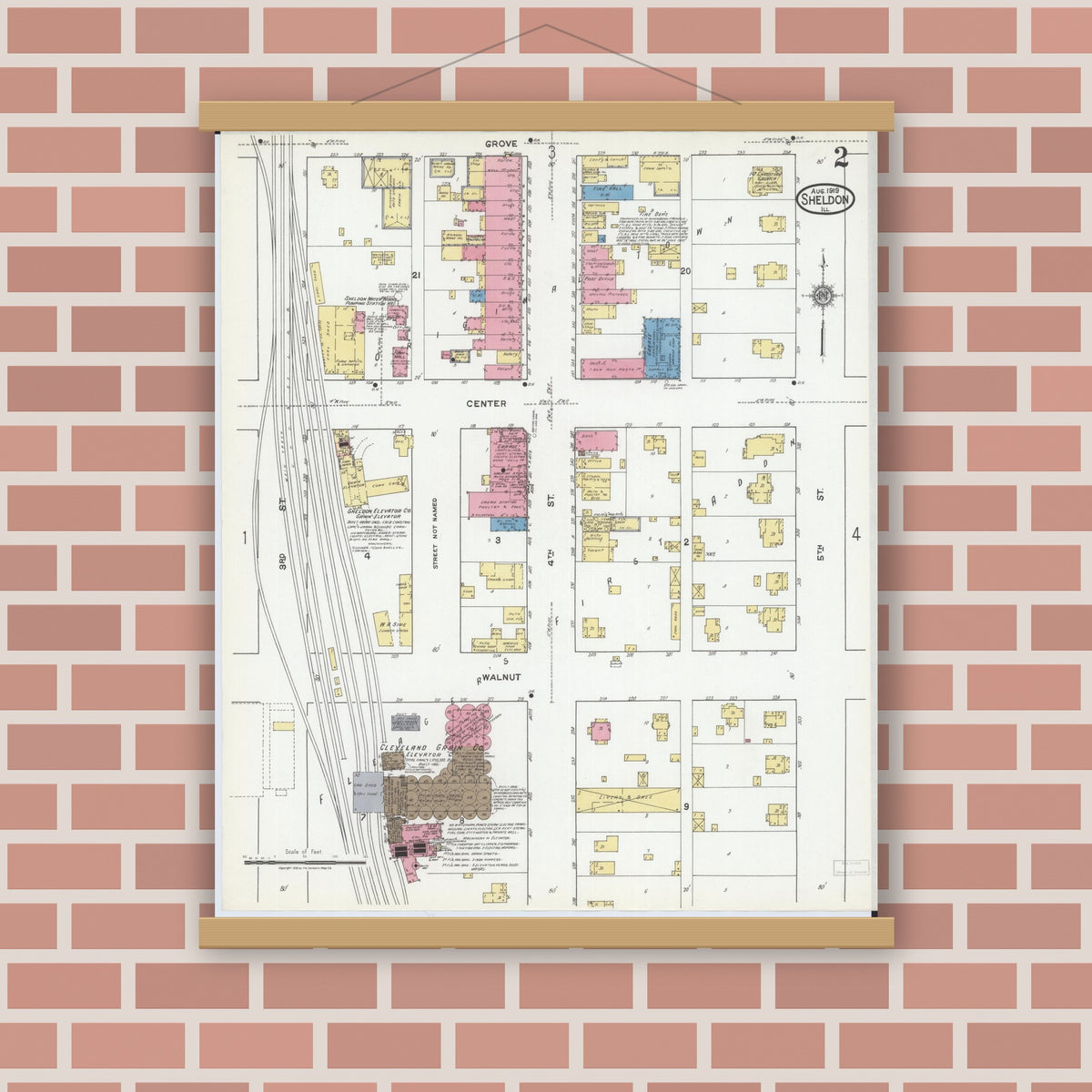 Old map wall art mockup — magnetic wood frame on brick wall — Sanborn Fire Insurance Map from Sheldon, Iroquois County, Illinois (1919), Sheet #0002