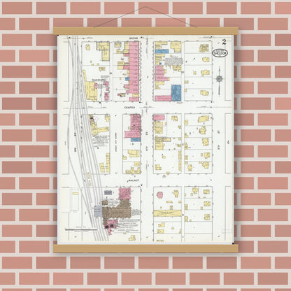 Old map wall art mockup — magnetic wood frame on brick wall — Sanborn Fire Insurance Map from Sheldon, Iroquois County, Illinois (1919), Sheet #0002