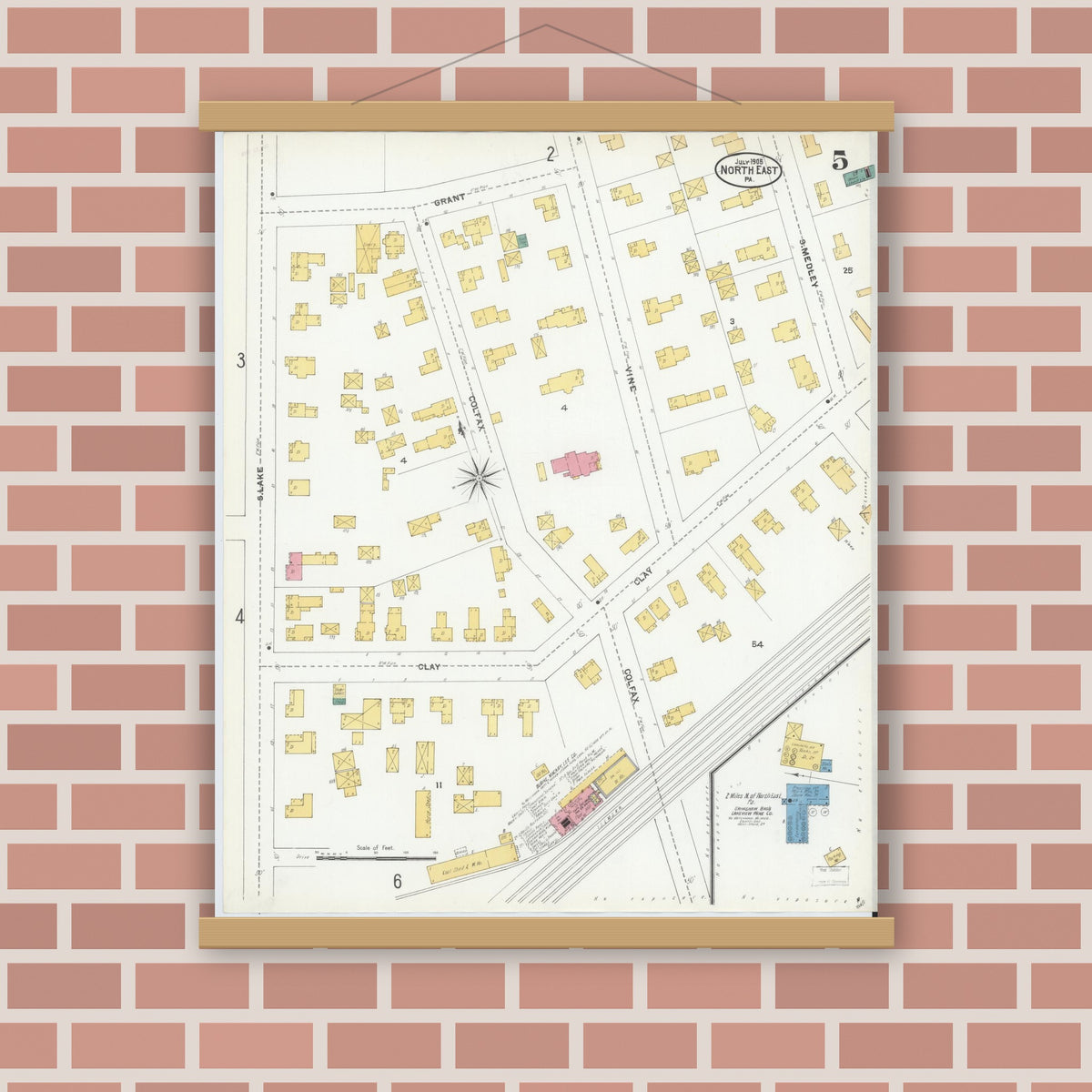 Old map wall art mockup — magnetic wood frame on brick wall — Sanborn Fire Insurance Map from North East, Erie County, Pennsylvania (1905), Sheet #0005