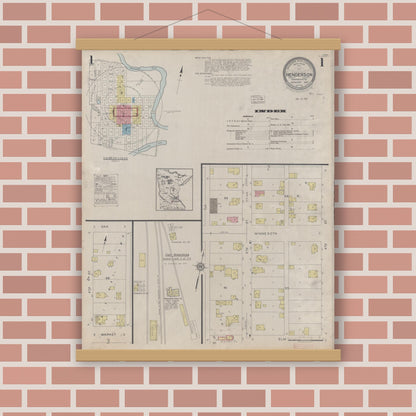 Old map wall art mockup — magnetic wood frame on brick wall — Sanborn Fire Insurance Map from Henderson, Sibley County, Minnesota (1930), Sheet #0001