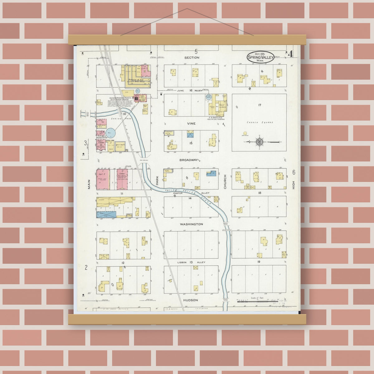 Old map wall art mockup — magnetic wood frame on brick wall — Sanborn Fire Insurance Map from Spring Valley, Fillmore County, Minnesota (1915), Sheet #0004