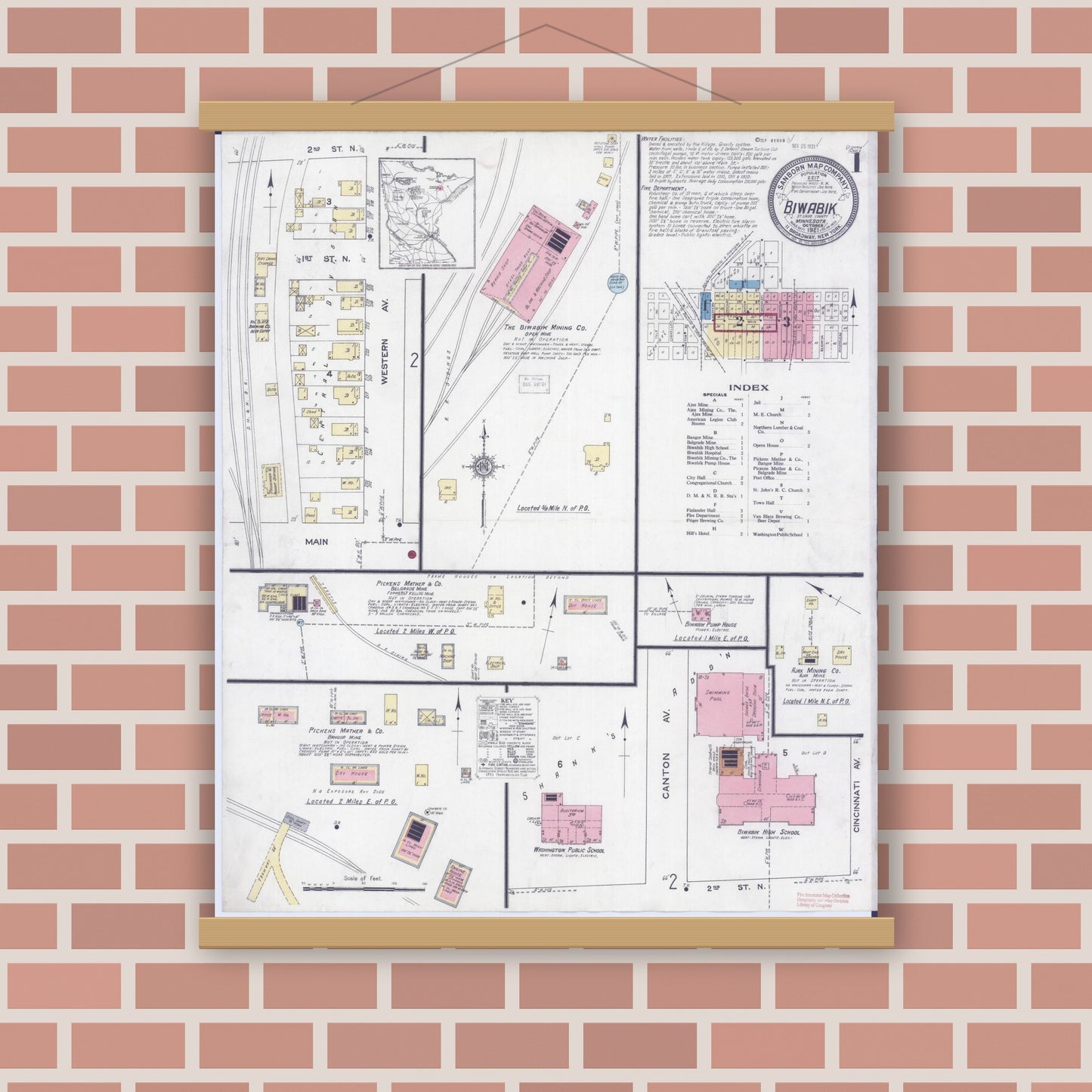 Old map wall art mockup — magnetic wood frame on brick wall — Sanborn Fire Insurance Map from Biwabik, Saint Louis County, Minnesota (1921) - Complete Map Set