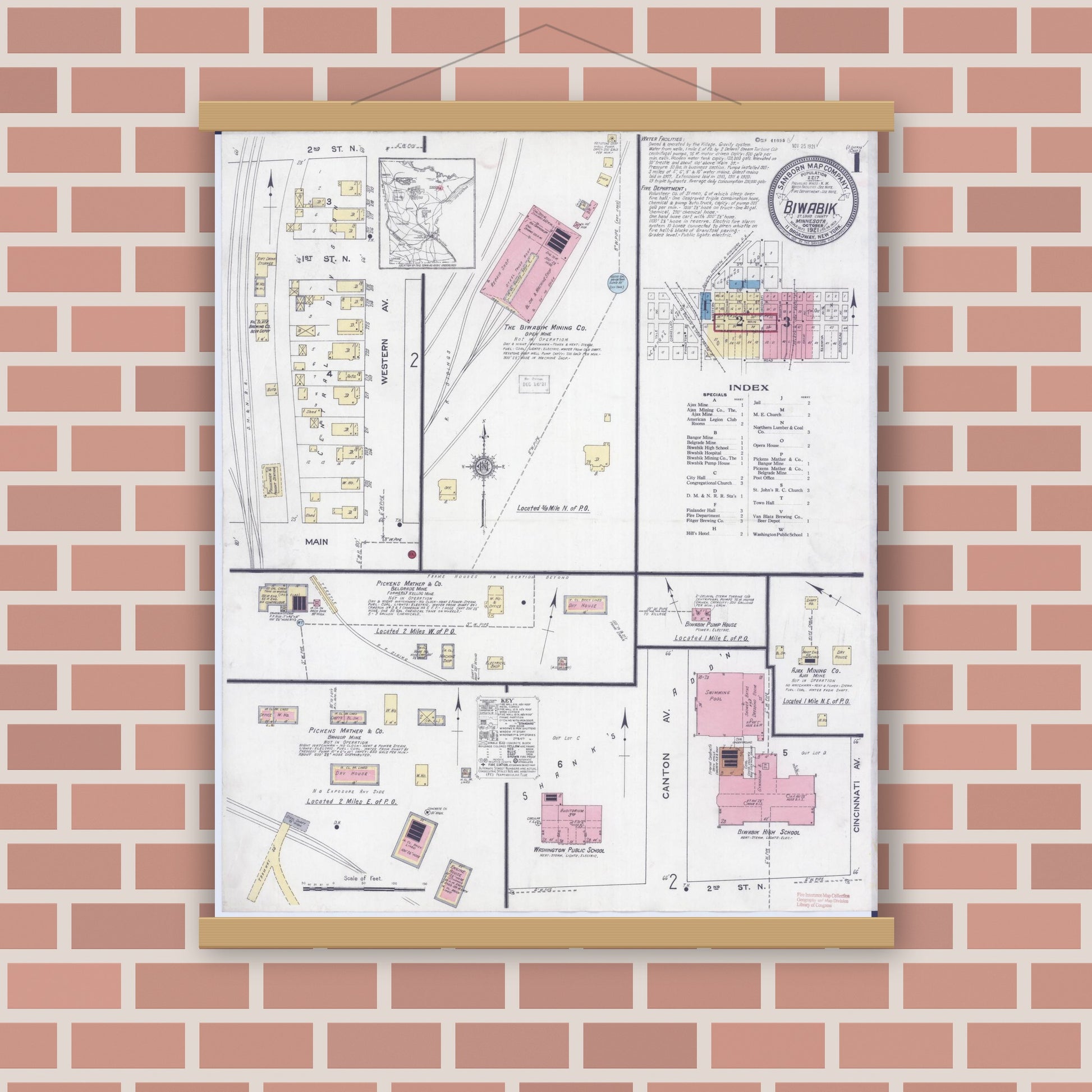 Old map wall art mockup — magnetic wood frame on brick wall — Sanborn Fire Insurance Map from Biwabik, Saint Louis County, Minnesota (1921) - Complete Map Set