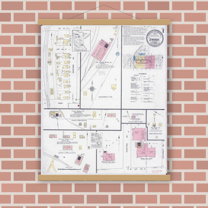 Old map wall art mockup — magnetic wood frame on brick wall — Sanborn Fire Insurance Map from Biwabik, Saint Louis County, Minnesota (1921) - Complete Map Set