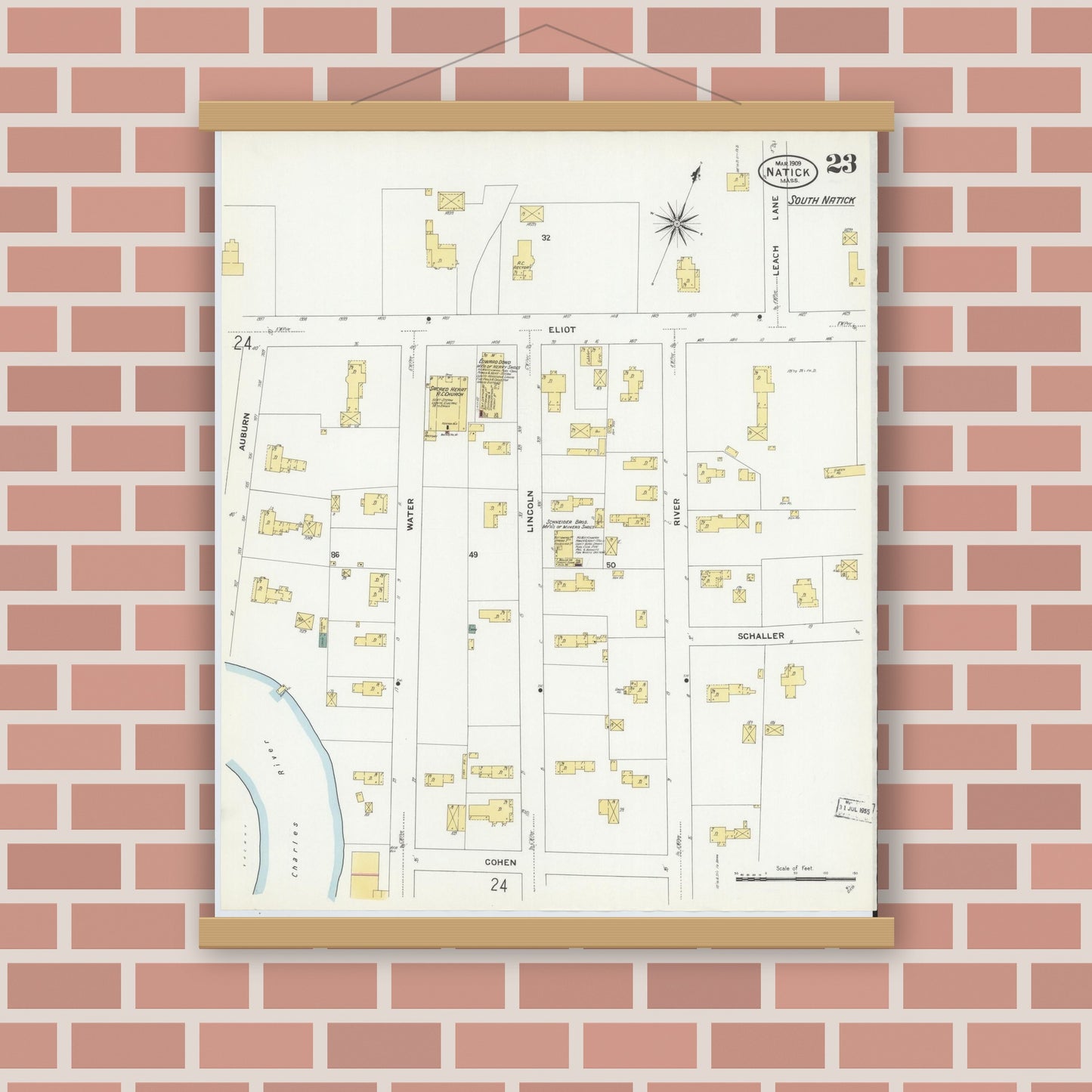 Old map wall art mockup — magnetic wood frame on brick wall — Sanborn Fire Insurance Map from Natick, Middlesex County, Massachusetts (1909), Sheet #0023