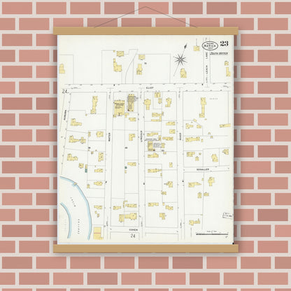 Old map wall art mockup — magnetic wood frame on brick wall — Sanborn Fire Insurance Map from Natick, Middlesex County, Massachusetts (1909), Sheet #0023