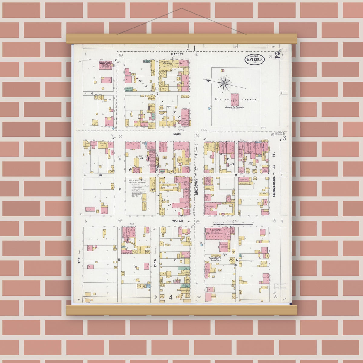 Old map wall art mockup — magnetic wood frame on brick wall — Sanborn Fire Insurance Map from Waterloo, Monroe County, Illinois (1899), Sheet #0002