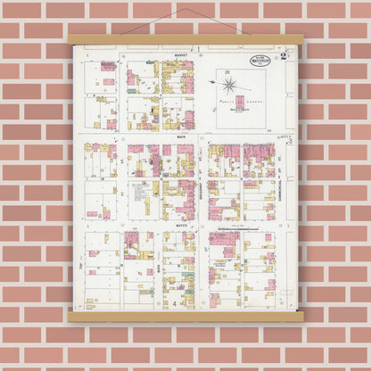 Old map wall art mockup — magnetic wood frame on brick wall — Sanborn Fire Insurance Map from Waterloo, Monroe County, Illinois (1899), Sheet #0002