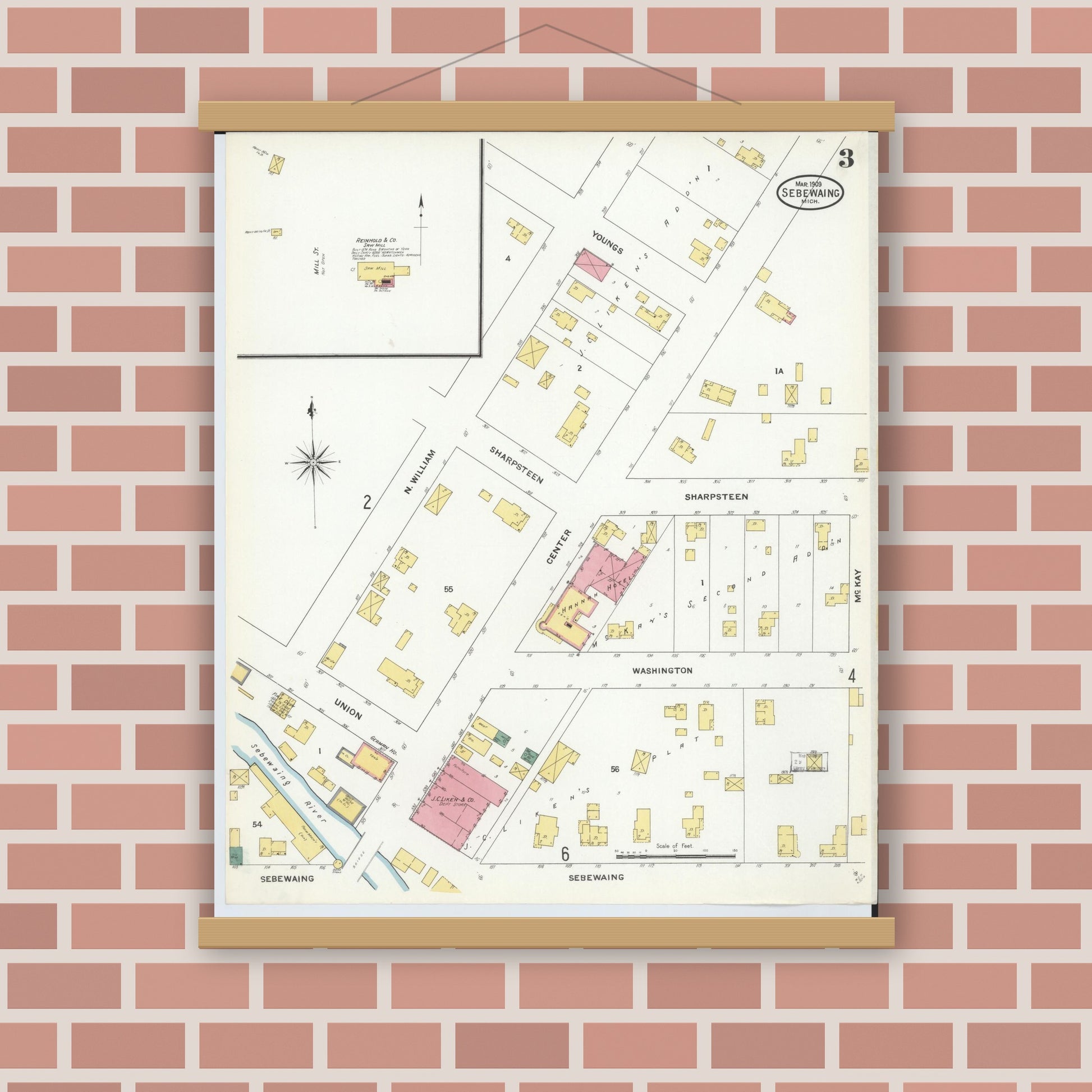 Old map wall art mockup — magnetic wood frame on brick wall — Sanborn Fire Insurance Map from Sebewaing, Huron County, Michigan (1909), Sheet #0003