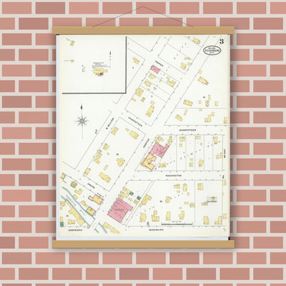 Old map wall art mockup — magnetic wood frame on brick wall — Sanborn Fire Insurance Map from Sebewaing, Huron County, Michigan (1909), Sheet #0003