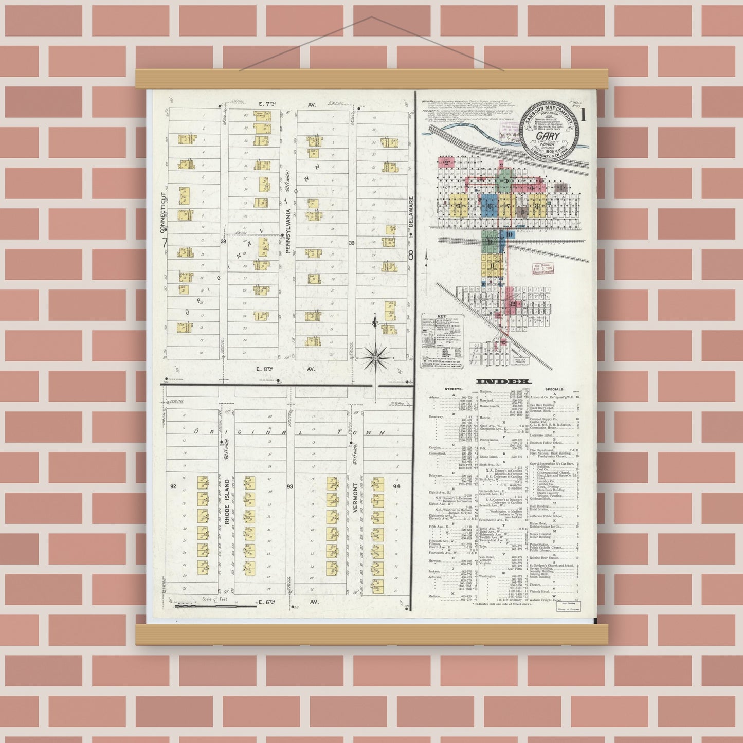 Old map wall art mockup — magnetic wood frame on brick wall — Sanborn Fire Insurance Map from Gary, Lake County, Indiana (1908), Sheet #0001