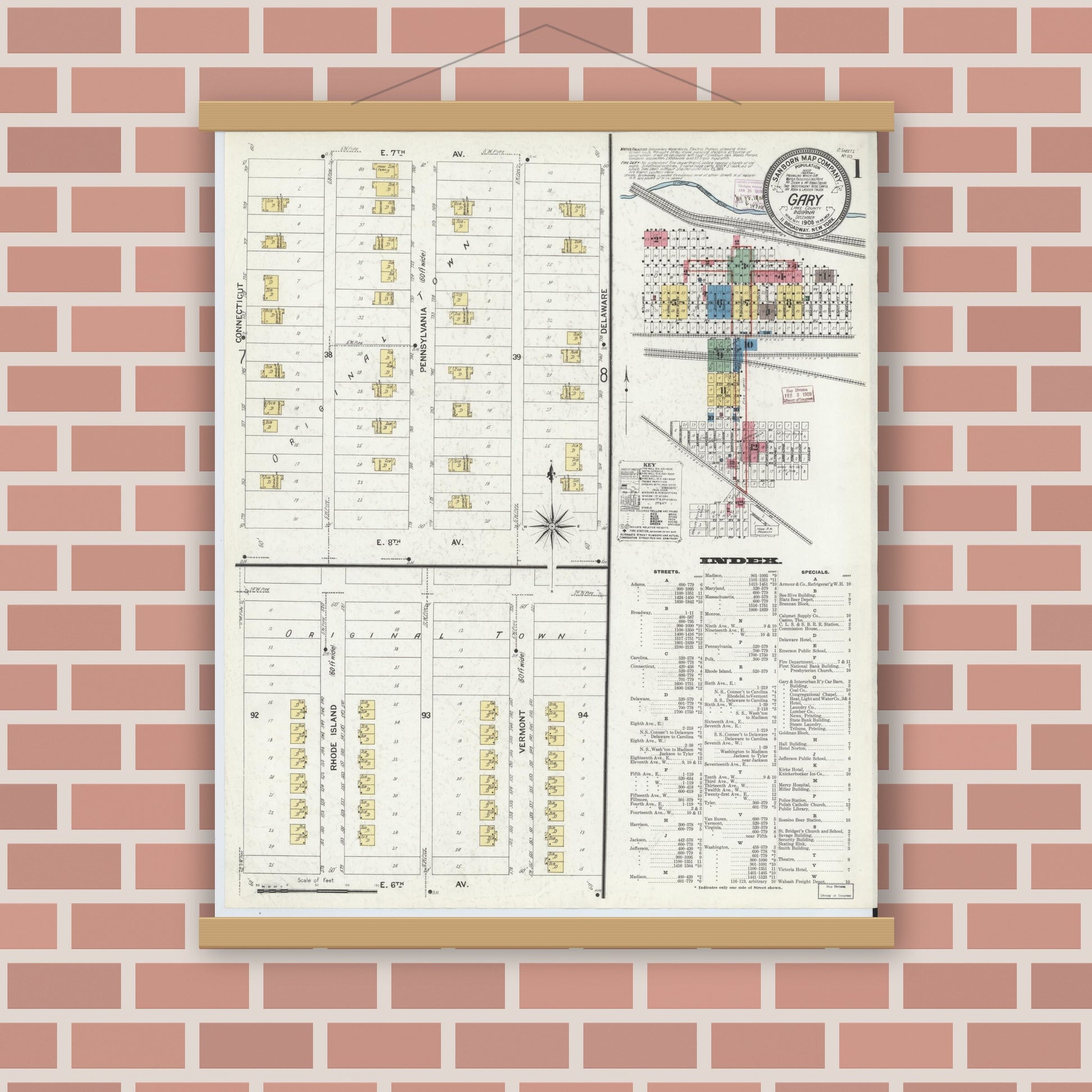Old map wall art mockup — magnetic wood frame on brick wall — Sanborn Fire Insurance Map from Gary, Lake County, Indiana (1908), Sheet #0001