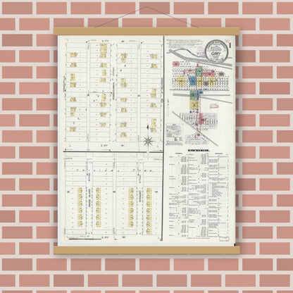 Old map wall art mockup — magnetic wood frame on brick wall — Sanborn Fire Insurance Map from Gary, Lake County, Indiana (1908), Sheet #0001