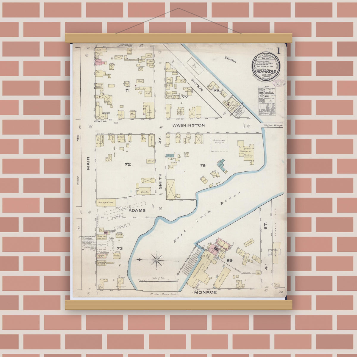 Old map wall art mockup — magnetic wood frame on brick wall — Sanborn Fire Insurance Map from Two Rivers, Manitowoc County, Wisconsin (1885) - Complete Map Set